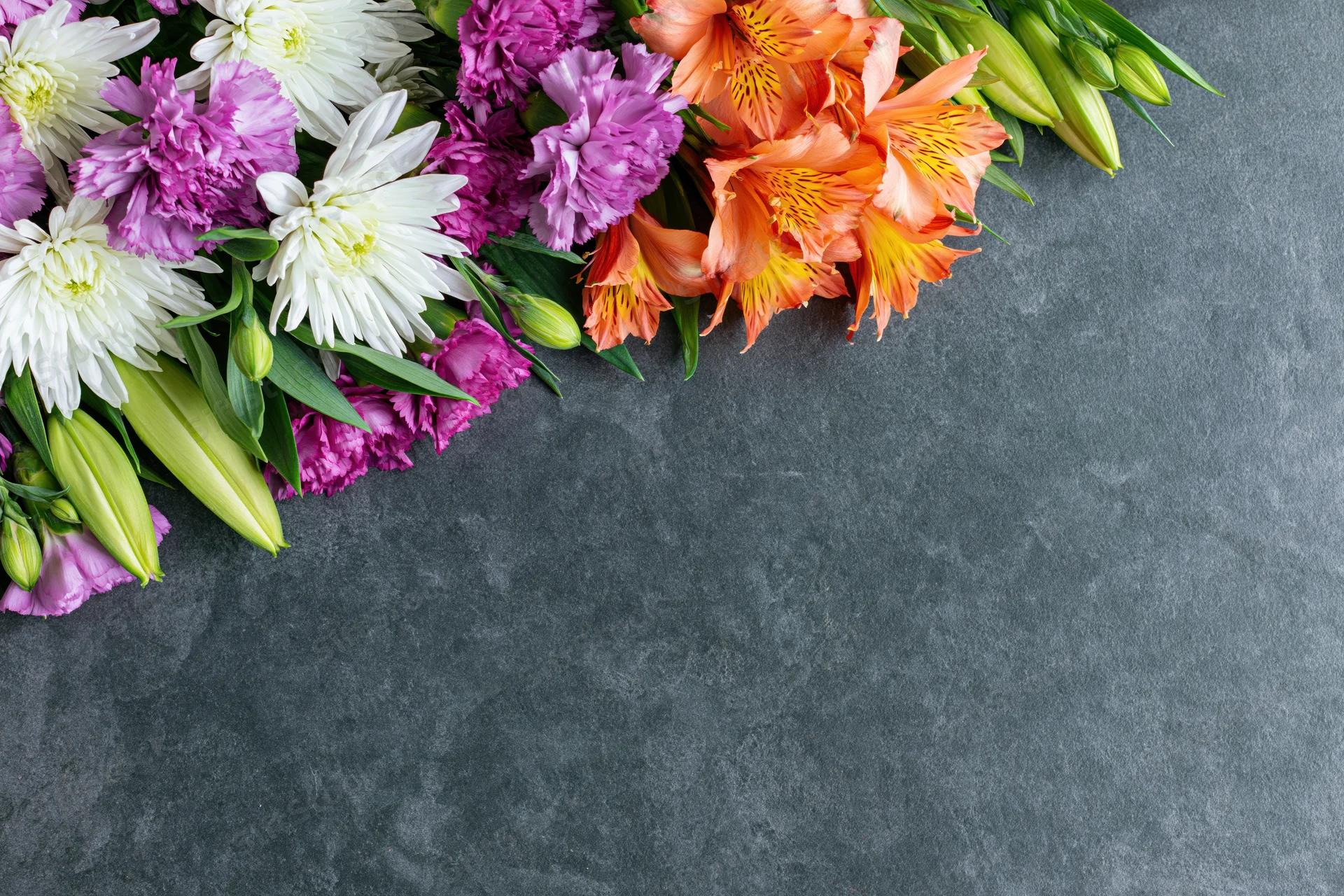 Mixed spring flowers arranged in a flat lay on a gray surface with copyspace