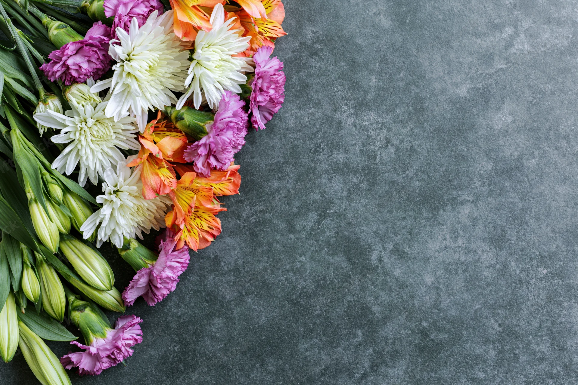 Mixed spring flowers arranged in a flat lay on a gray textured surface with copyspace