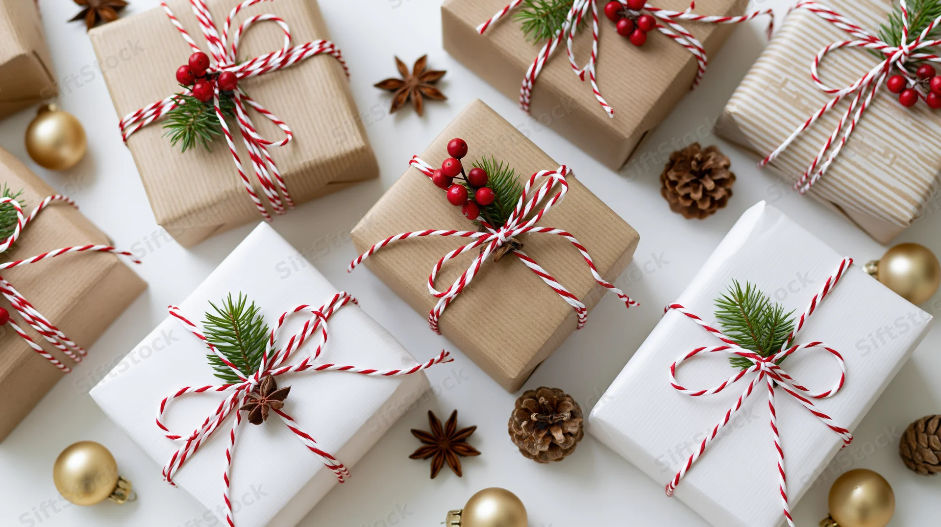 Multiple christmas gifts wrapped in kraft and white paper with red and white twine, pine sprigs, berries, pinecones, and gold ornaments arranged on white surface