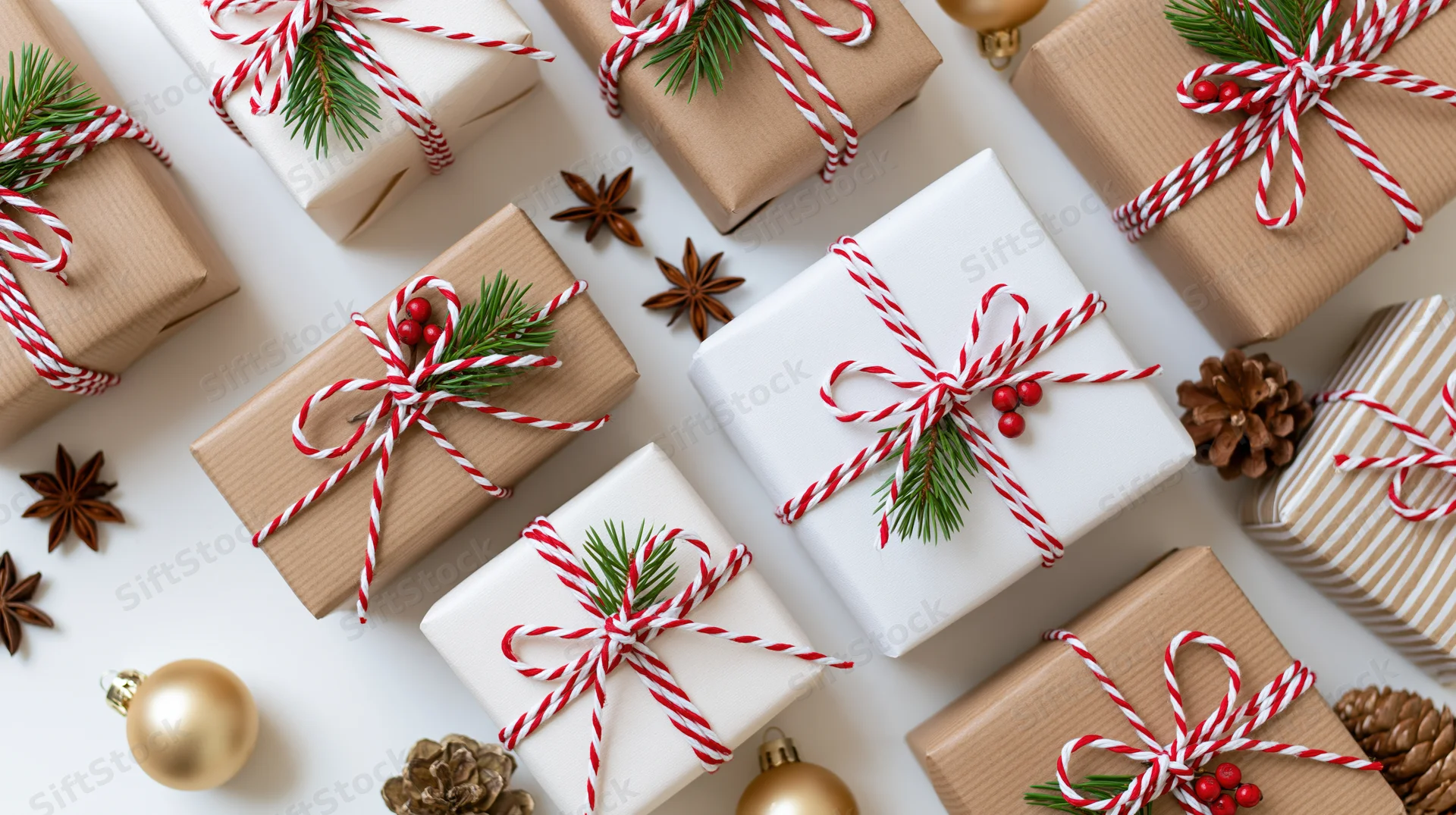 Multiple christmas gifts wrapped in kraft and white paper with red striped ribbon and pine sprigs arranged on white surface