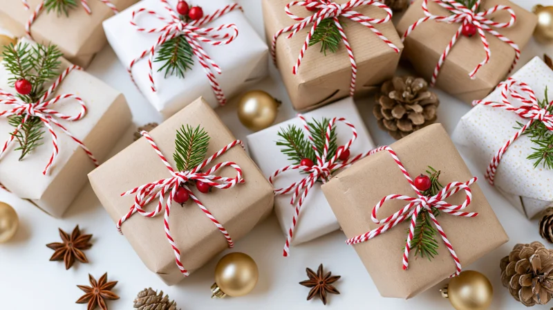 Multiple christmas gifts wrapped in kraft brown and white paper with red string bows, pine sprigs, berries, pinecones, and gold ornaments arranged in flat lay on white surface