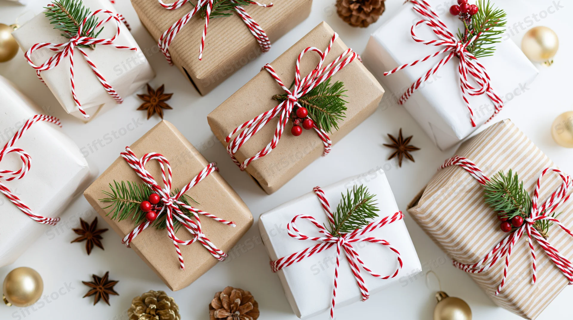 Multiple christmas gifts wrapped in kraft brown and white paper with red white ribbon bows and pine sprigs on white surface