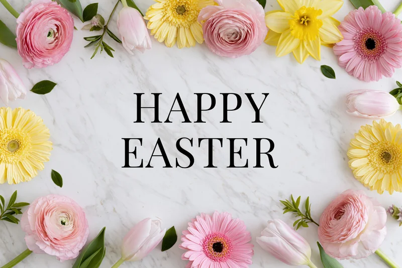 Spring flowers arranged around bold serif text on marble surface