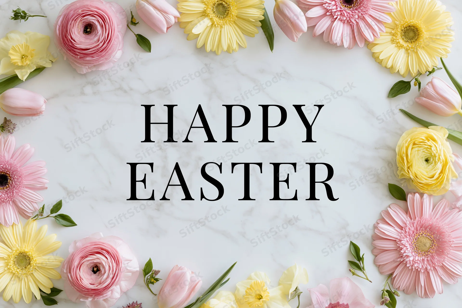 Spring flowers arranged around bold serif text reading happy easter on marble surface