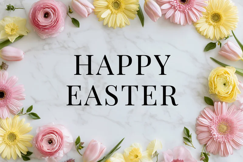 Spring flowers arranged around bold serif text reading happy easter on marble surface