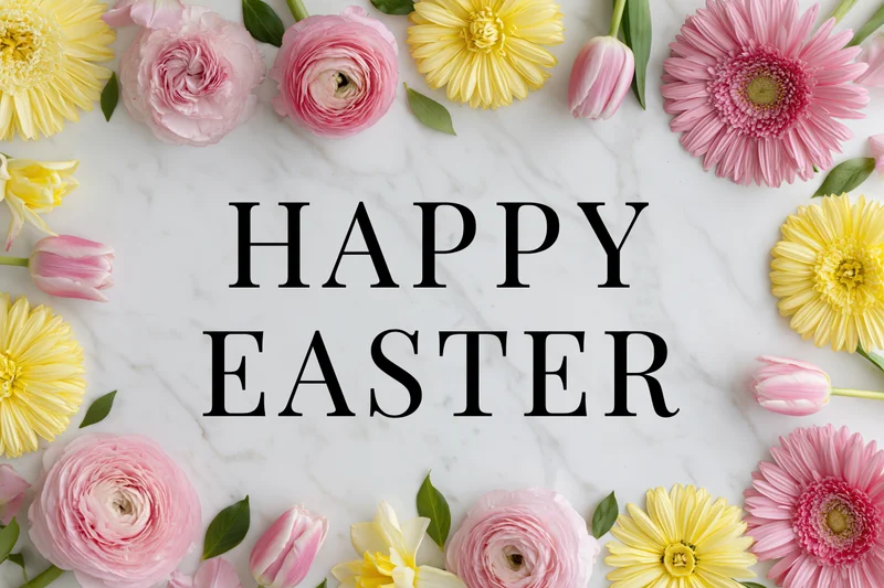 Spring flowers arranged around bold text on marble surface