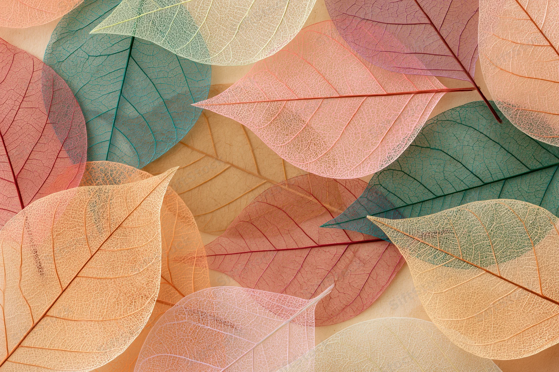 Translucent skeleton leaves arranged in overlapping layers on a flat surface