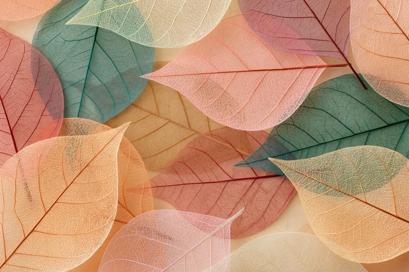 Translucent skeleton leaves arranged in overlapping layers on a flat surface