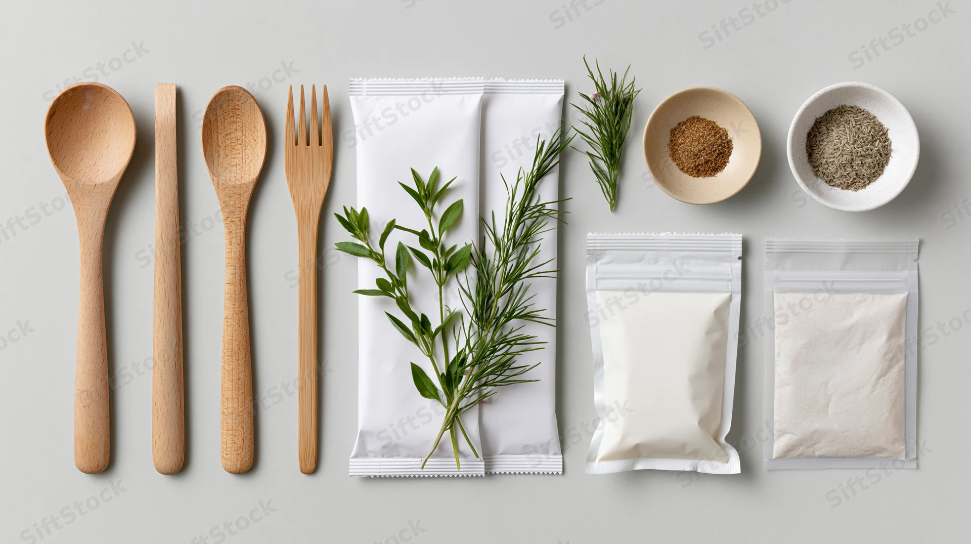 Wooden spoons and fork with white food packaging and fresh herbs arranged in flat lay on gray surface