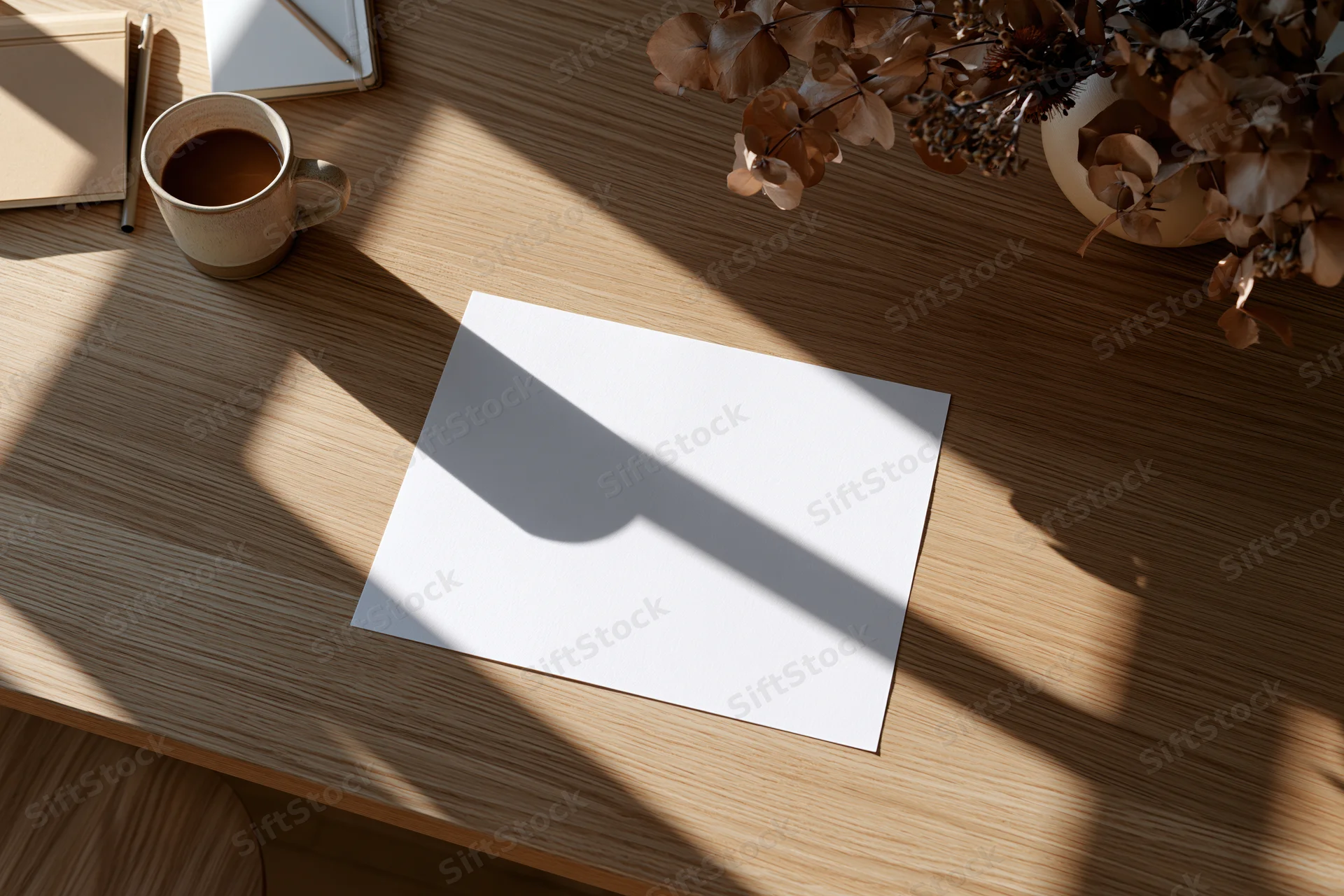 Flat lay overhead view of a wooden desk with a blank white paper sheet, coffee mug, dried flowers, and stationery in natural sunlight
