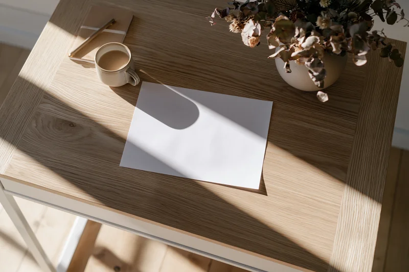 Overhead view of a wooden desk with blank paper, coffee mug, dried flowers, and notebook in natural sunlight