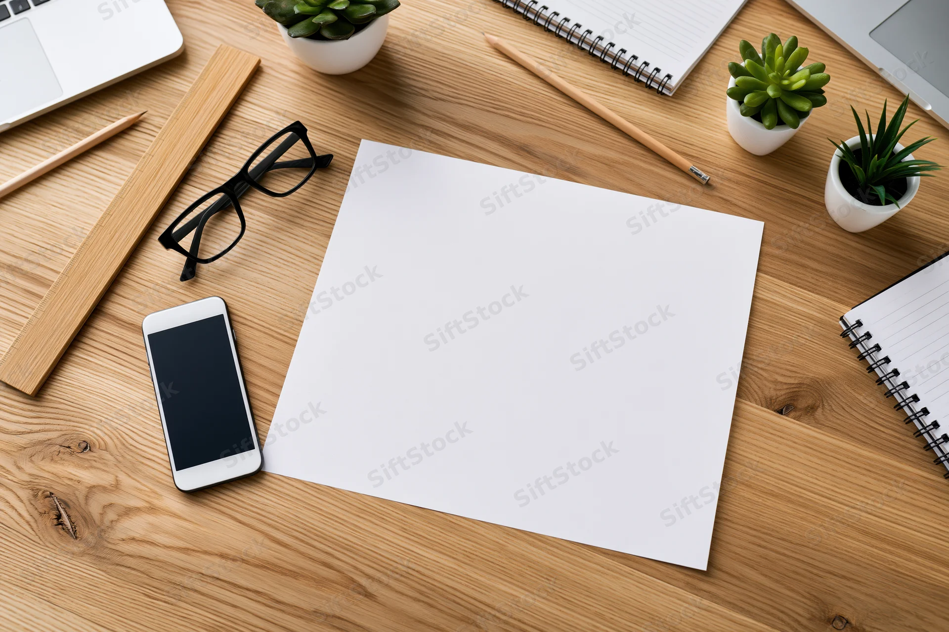Blank white paper on a wooden desk surrounded by office supplies and small potted plants