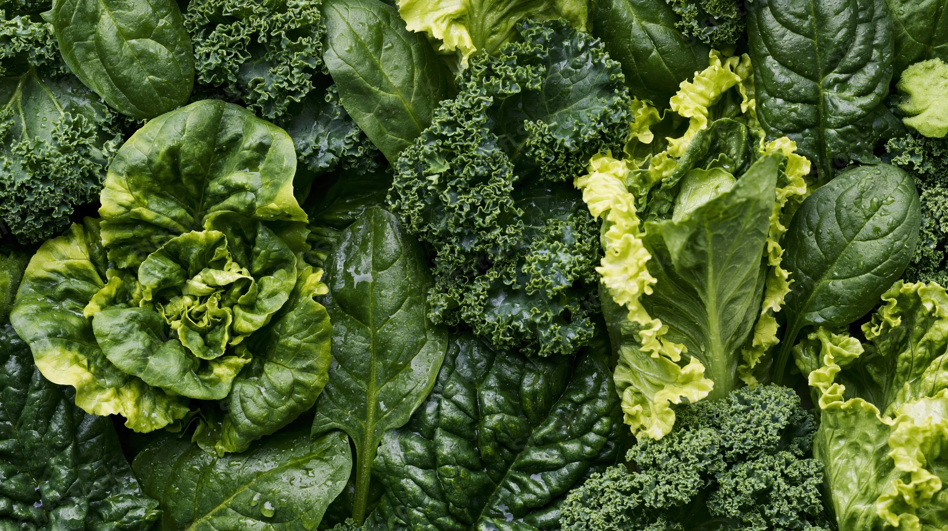 Overhead view of assorted fresh leafy greens densely arranged in a flat lay composition