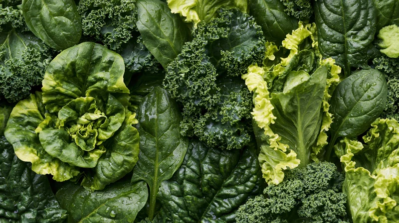 Overhead view of assorted fresh leafy greens densely arranged in a flat lay composition