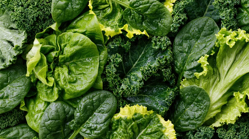 Overhead flat lay of assorted fresh leafy greens densely arranged