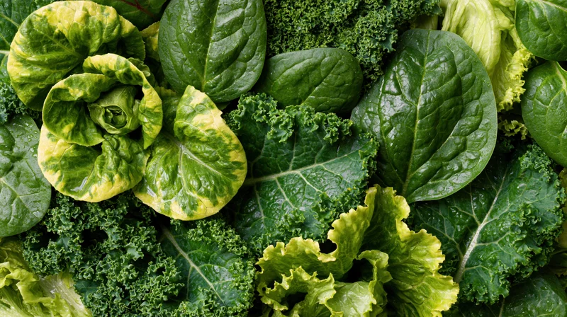 Overhead view of assorted fresh leafy greens densely arranged in a flat lay