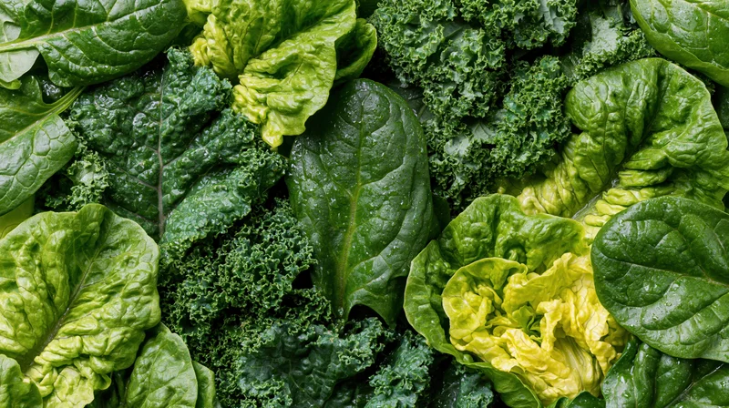Overhead view of assorted fresh leafy greens densely arranged in a flat lay composition