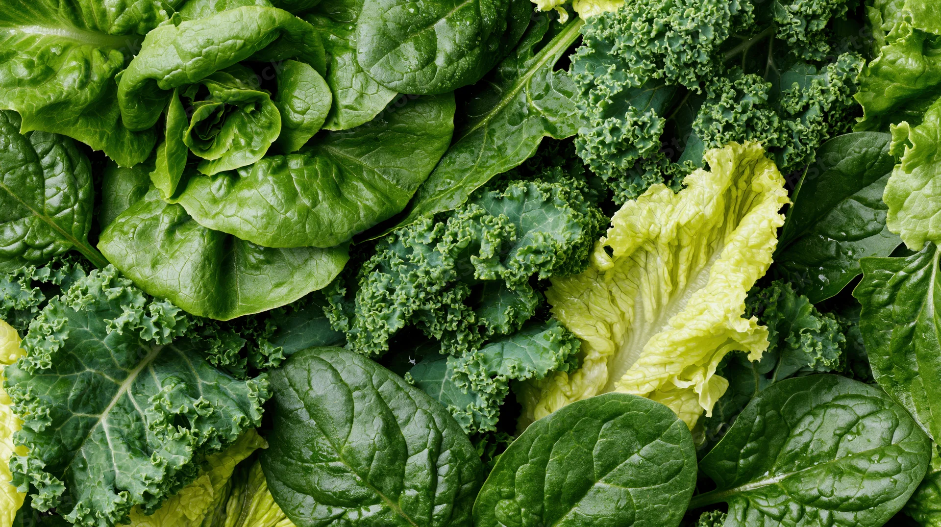 Overhead view of assorted fresh leafy greens densely arranged in a flat lay composition