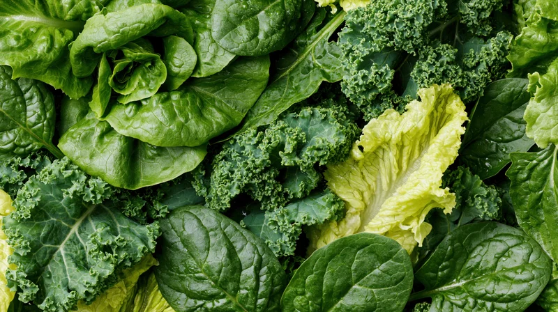 Overhead view of assorted fresh leafy greens densely arranged in a flat lay composition