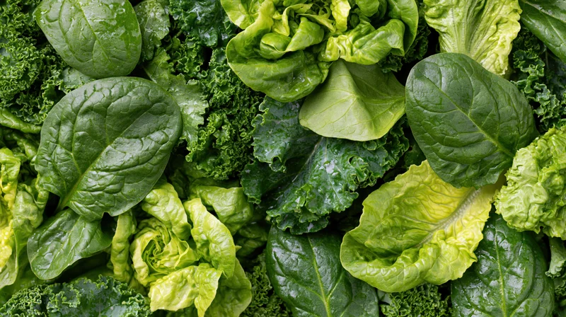 Overhead view of assorted fresh leafy greens densely arranged in a flat lay composition