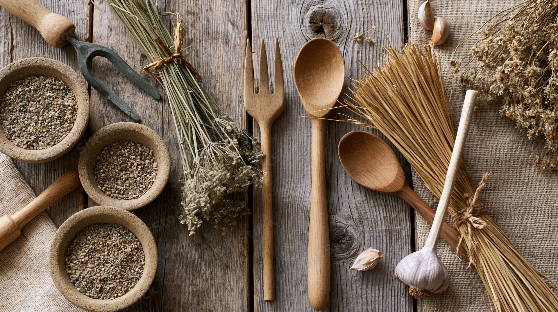 Rustic farming and gardening tools arranged on wooden surface with dried herbs, garlic, and ceramic bowls