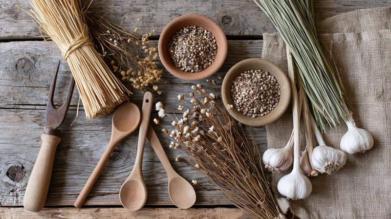 Rustic farming and gardening tools arranged on a wooden table with garlic, seeds, dried herbs and wooden spoons
