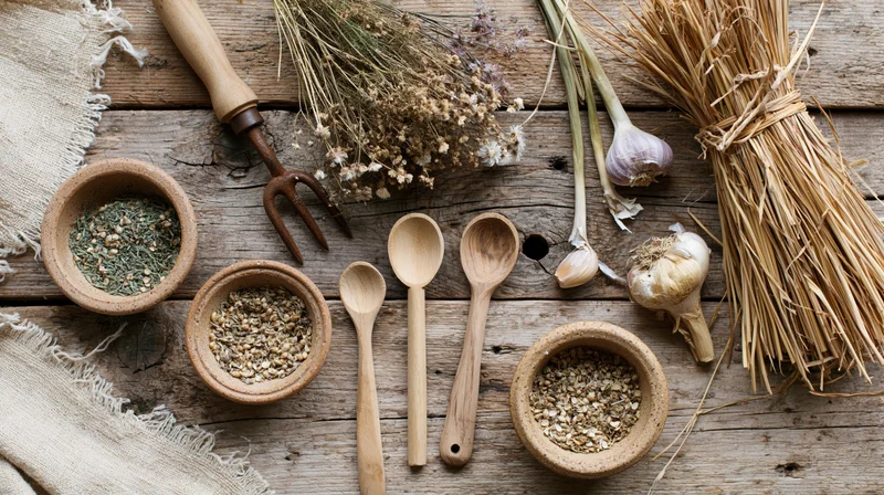 Rustic farming and gardening tools arranged on weathered wood with herbs, garlic, and wooden utensils