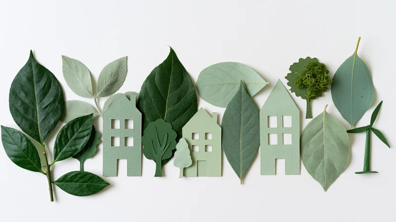 Paper cutouts of houses and trees arranged with green leaves on white background
