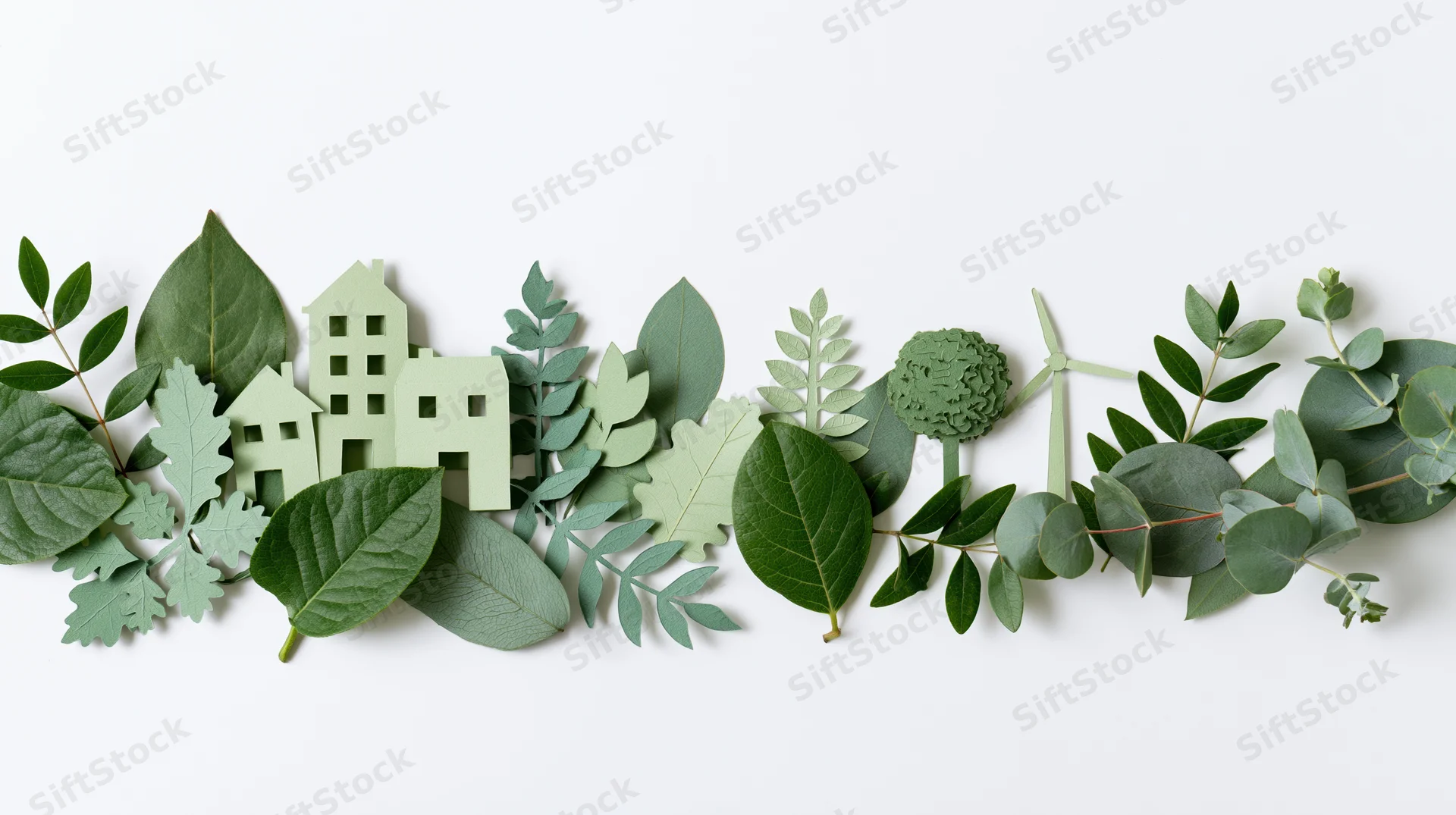 Paper craft houses and wind turbine surrounded by green leaves arranged in a flat lay on white background