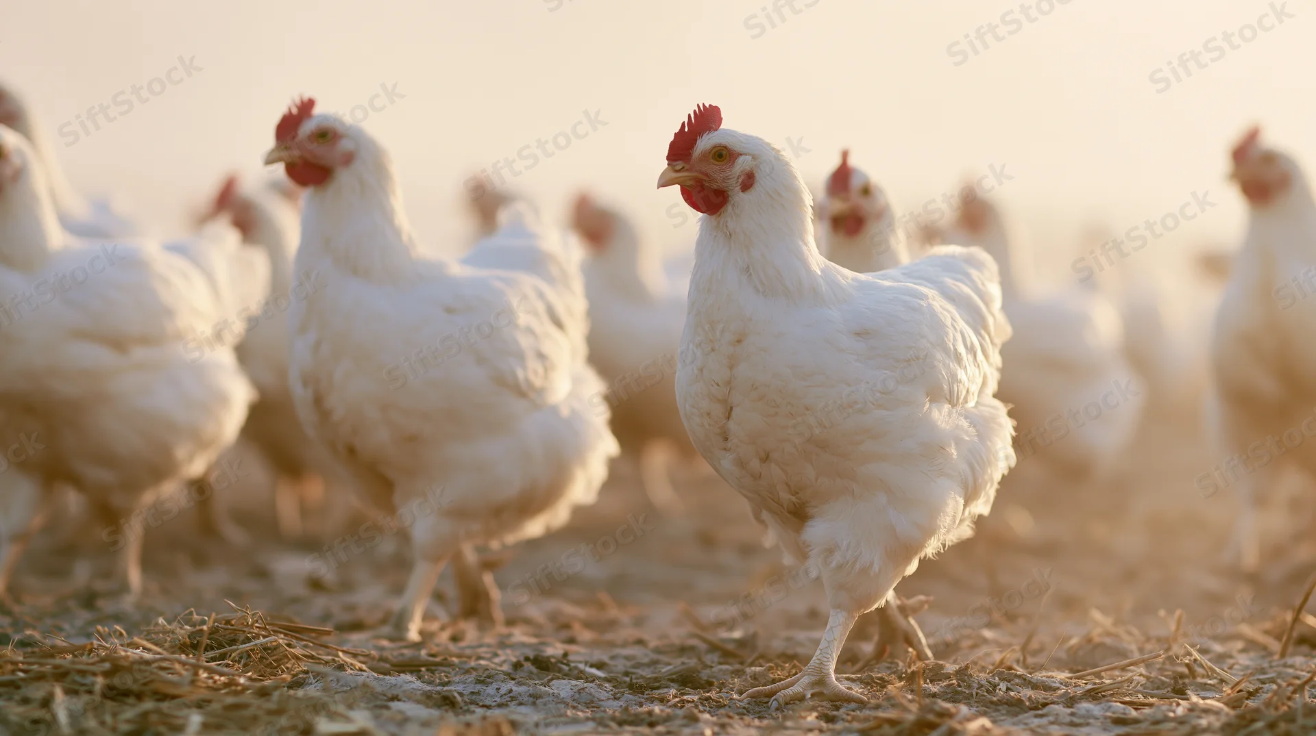 White chickens moving across a dry dirt field in golden light