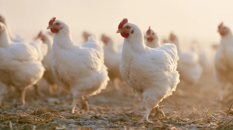 White chickens moving across a dry dirt field in golden light