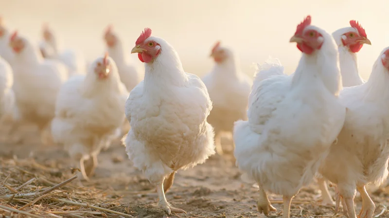 Flock of white hens walking across a dry dirt field with straw under warm golden light