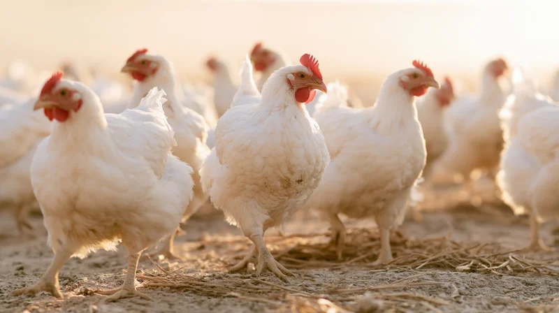 White hens walking across a dry dirt field in golden light