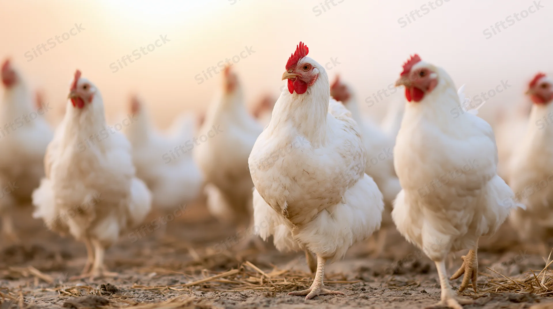 Flock of white hens walking across a dry dirt field at sunrise