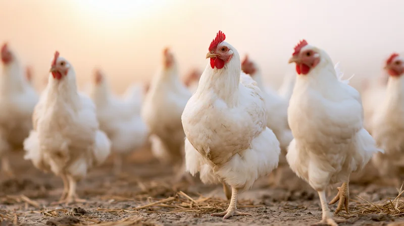 Flock of white hens walking across a dry dirt field at sunrise