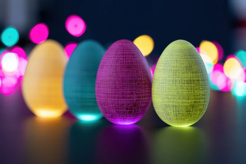 Four colorful easter eggs with glowing circuit board texture patterns on a dark reflective surface with bokeh lights in the background
