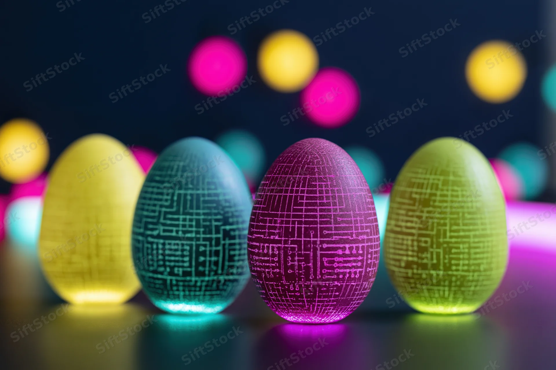 Four glowing easter eggs with circuit board patterns on dark surface with bokeh lights