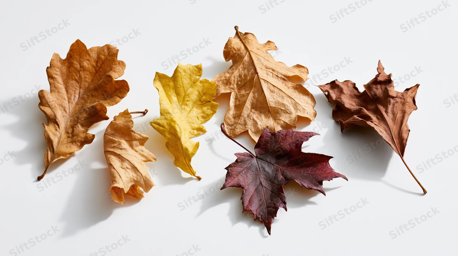 Dried autumn leaves arranged on a white surface in a flat lay composition