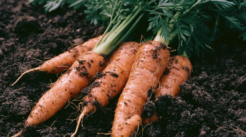 Freshly harvested carrots with green tops resting in dark soil
