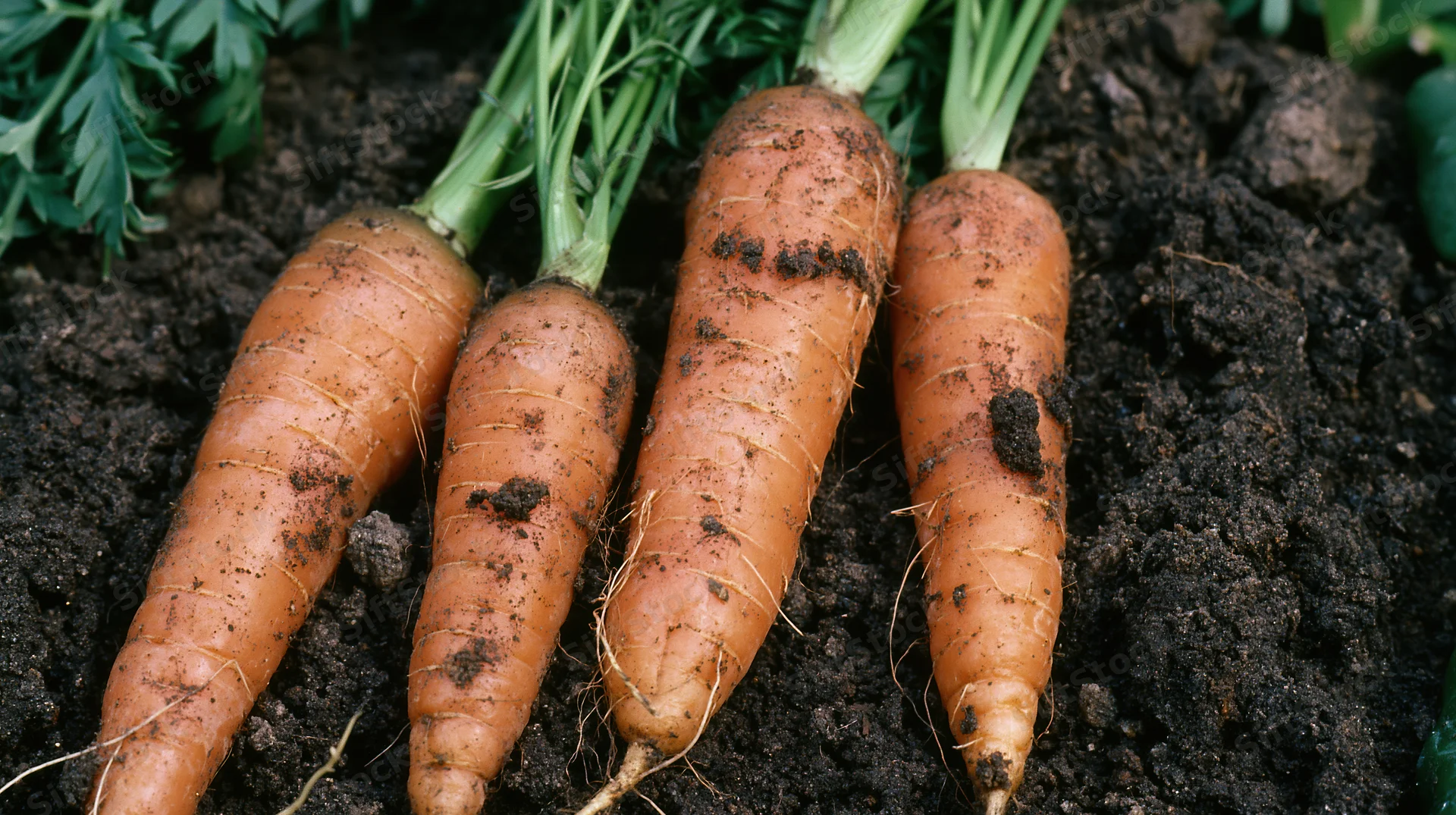 Four freshly harvested carrots with green tops resting in dark soil