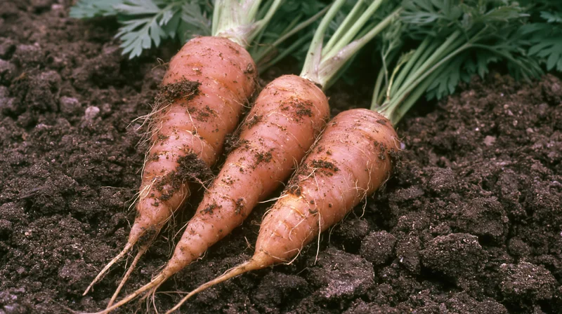 Three freshly harvested carrots with green tops resting on dark soil in a garden
