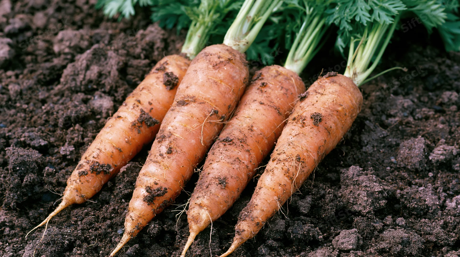 Four freshly harvested carrots with green tops resting in dark soil