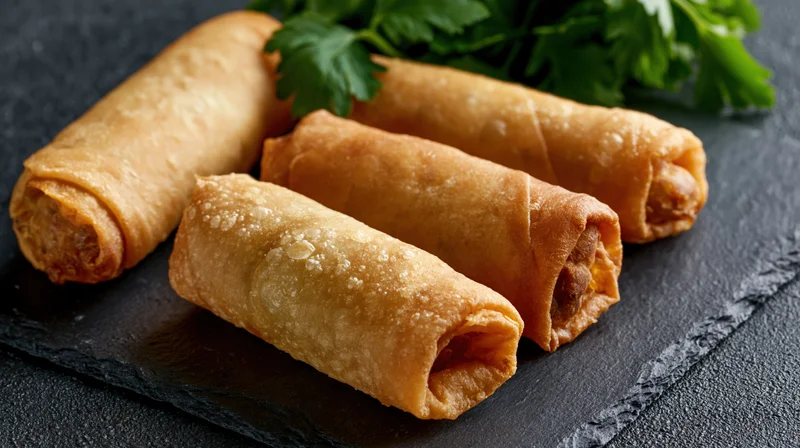 Four golden fried spring rolls arranged on a dark slate board with cilantro garnish