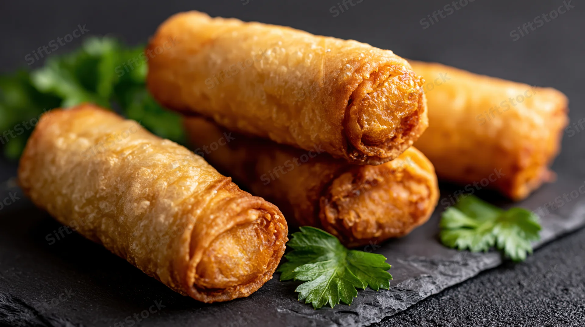 Golden fried spring rolls arranged on a dark slate board with cilantro garnish