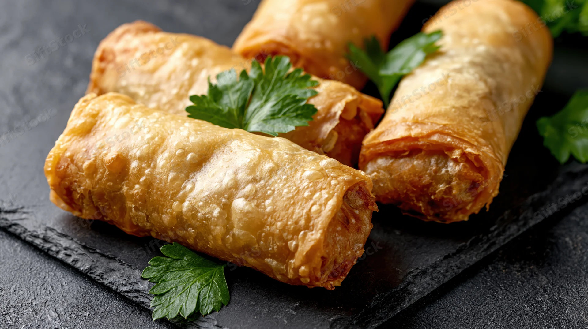 Golden fried spring rolls arranged on a dark slate board with cilantro garnish