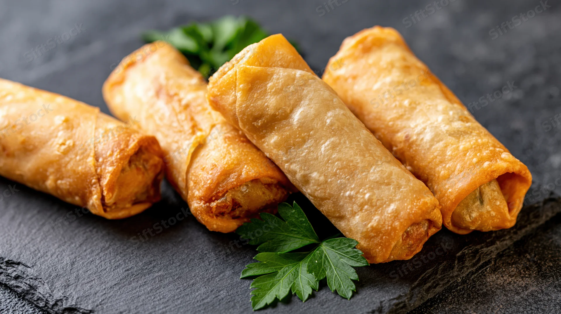 Golden fried spring rolls arranged on a dark slate board with parsley garnish