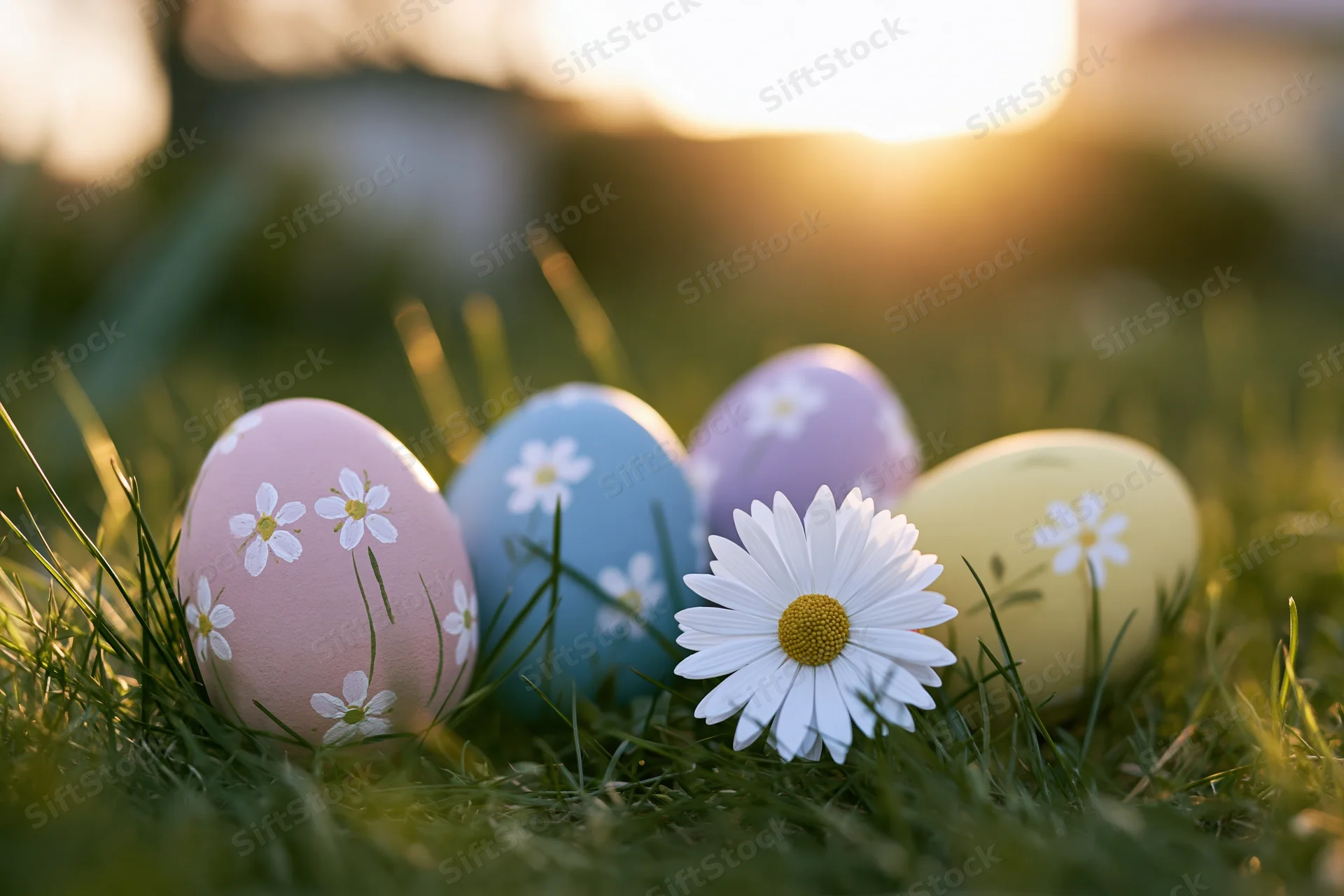 Four hand-painted easter eggs with floral patterns resting in grass beside a daisy at sunrise