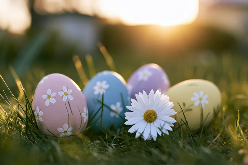Four hand-painted easter eggs with floral patterns resting in grass beside a daisy at sunrise