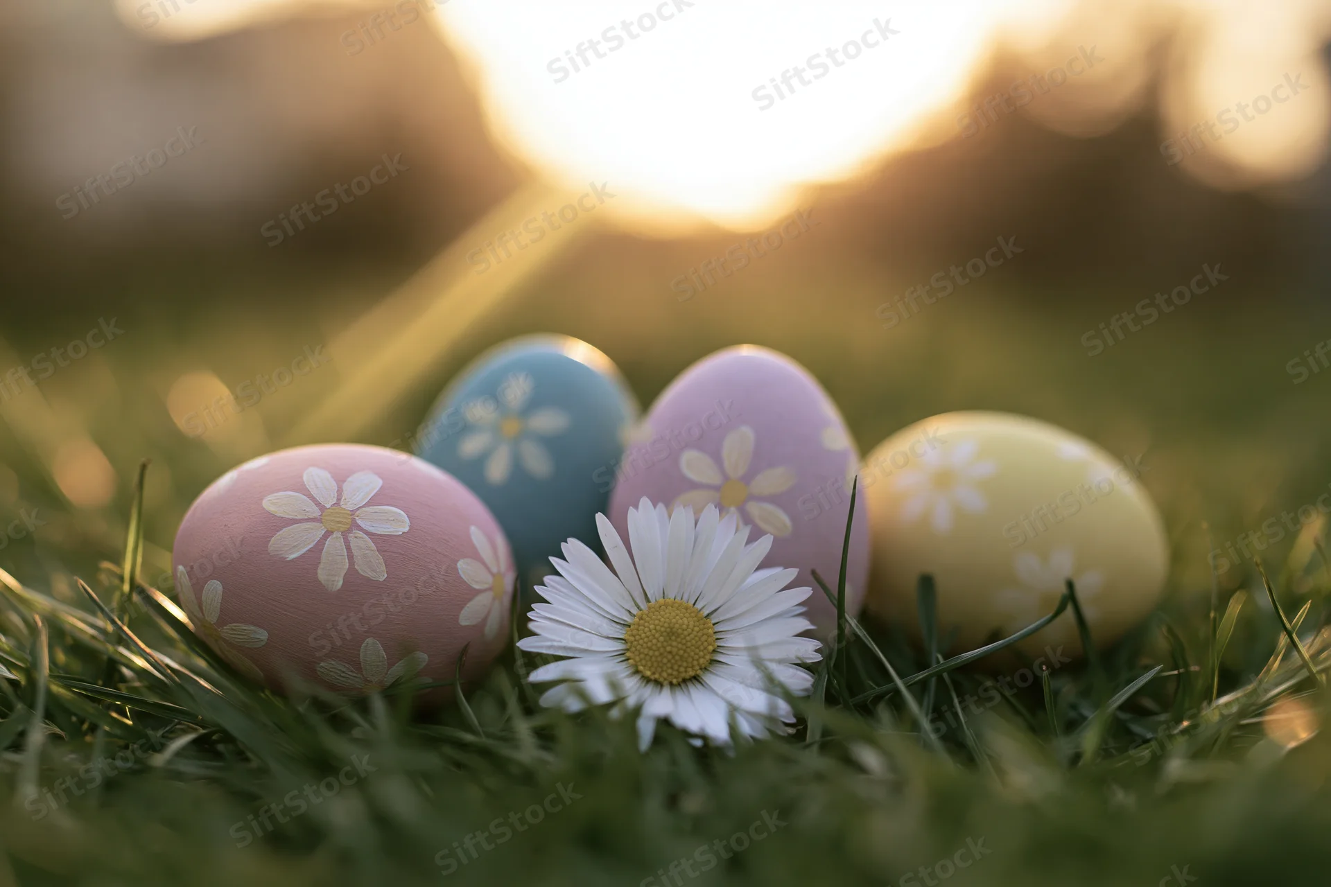 Four hand-painted easter eggs with floral patterns resting in grass beside a daisy at sunrise