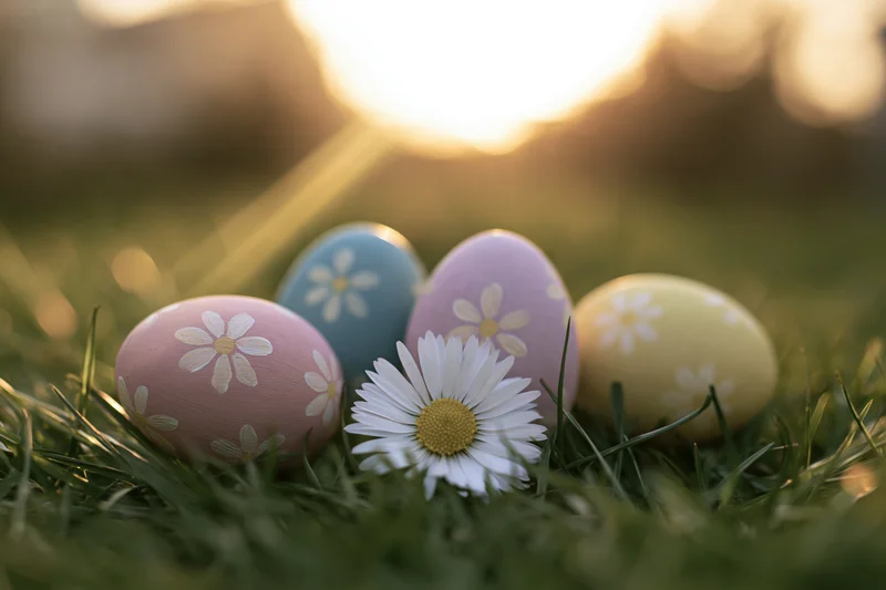 Four hand-painted easter eggs with floral patterns resting in grass beside a daisy at sunrise